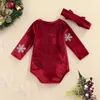 Nouveau-né bébé Costumes de noël barboteuse infantile lettre scintillante flocon de neige impression à manches longues combishort + bandeau vêtements tenues