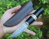 High End Survival Straight Knife VG10 Damascus Steel Drop Point Blade Ebony + Horn + Brass Head Handle Fixed Blades Knives With Leather Sheath