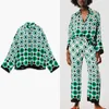 Za Geometric Print Green Shirt Women Long Sleeve Asymmetric Vintage Summer Shirts Female Chic Button Up Loose Top 210602