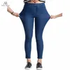 Kvinnor jeans avslappnad hög midja sommarhöstbyxa smal stretch bomull denim byxor för kvinna blå svart 100 kg 220216