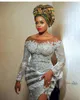 2021 Plus Size Arabic Aso Ebi Silver Lace Pärlade balklänningar Sheer Neck Mermaid Sexig Evening Formal Party Second Reception Gowns 9264000