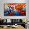 Autumn Road Trees Falling Red Leaves Beautiful Landscape Canvas Painting Oil Style Wall Decoration Nordic Home Decor Art Cuadros