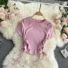 Koszulka z krótkim rękawem Moda sznurka Ruched Knit Crop Top Groczny Lato Kobiety Casual Streetwear Slim Fit Pullover Topy 210603