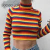 Jocoo Jolee Donna Maglione arcobaleno Moda Maglione lavorato a maglia a collo alto a righe colorate Maglione lavorato a maglia a maniche lunghe sexy 210619