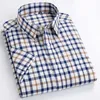 高品質メンズオックスフォードカジュアルシャツレジャーデザインチェック柄メンズソーシャルシャツ100％コットン半袖メンズドレスシャツ210708