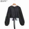 Zevity Kobiety Moda O Neck Solidna Czarna Krótka Bluzka Femme Sexy Backless Kimono Koszula Chic Lace Up Blusas Topy LS7669 210603