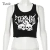 Gothic Black Skull Print Gebreide Ruffle Chic Tank Tops Off Shoulder Casual Crop Top Summer Dames Grunge Vrouwelijke Streetwear 210308