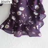 Zevity Kobiety Vintage O Neck Floral Print Purple Color Smock Bluzka Kobieta Retro Butterfly Rękaw Koszulki Chic Blusas Topy LS7527 210603