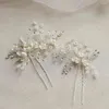 Jonnafe 2pcs / set bröllop tillbehör Pins silver färg blommig brud headpiece pärlor hår smycken för kvinnor fest prom