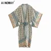 Vintage Chic Women Floral Print Batwing Sleeve Beach Bohemian Kimono Dress Ladies V Neck Sommar Boho Robe Cover-Up Vestidos G1214