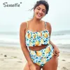 Seaselfie plus storlek tank hög midja bikini sätter kvinnor sexiga stora citron print bikinis två bitar baddräkt simma kostym 210702