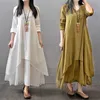 Printemps Été Femmes Longue Robe en Lin de Coton Blanc Plus Taille Faux Deux Pièces O-Cou Maxi Robes Bureau Casual Robe Lâche 210316