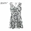Zevity kobiety Sexy V Neck Animal Texture Print Bez Rękawów Kamizelka Mini Dress Lady Leopard Vestido Chic Hem Fleats Sukienki DS4521 210603