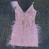 Ailigou New Summer High Quality Pink Mini Sequin Feather V-neck Fashion Skinny Dress Nightclub Party Skinny Dress 210302