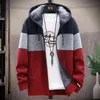 Męskie swetry z kapturem Cardigan 2021 Winter Fashion Casual Gradient Color Dopasowanie Plush Sweter Płaszcz