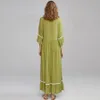 TEELYNN green tunic dresses women vestidos vintage floral embroidery v neck flare sleeve tassel summer dress beach maxi dresses 210309