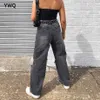 Kobiety Czarne Cargo Dżinsy Zgrywanie Spodnie Dla Wysoka Talia Mama Vintage Pełna długość Harajuku Hollow Out Hole Spodnie 210708