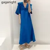 Abito lungo da donna con colletto da marinaio vintage Estate Casual Solid Party es Manica corta Allentato Maxi Vestido 210601