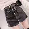 Shorts pour femme ceinture jupes courtes en cuir PU femmes taille haute perles jupe courte femme grande taille filles noir simple boutonnage