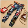 Men's Jeans Patchwork Denim Blue Locomotive Pants Embroidery Beauty Cool Stylish Design Skinny Straight Slim 29-381