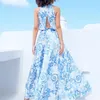 Casual Dresses 2021 Summer Women's Waist Slim Sleeveless Long Dress Hollow Print Split Blue