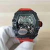 ファッショントップ男性腕時計腕時計R M 035-02 50mm x 42mmカーボンファイバーブラックダイヤルサファイア赤天然ゴムストラップ機械式透明な自動メンズウォッチ