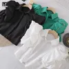 LY VAREY LIN Summer Elegant Vintage Office Lady White Green Tops Shirts Women Casual Turn-down Collar Puff Sleeve Short 210526