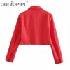 Sommar röda kvinnor beskurna blazers mode notched krage dubbelbröst långärmad avslappnad kostymjacka kvinnliga toppar 210604