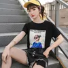 S-XXL Kobiety Summer T-shirty Topy Aplikacja T-shirt T-shirt Tshirt Biały Czarny Krótki Rękaw Wenement Femme koreańskie ubrania 210604