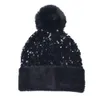 Sequins Knitted Hats Pompom Removable Winter Outdoor Beanie Warm Fashion Skull Caps Woolen Street Windproof Stretch Crochet Ear RRE11178