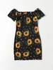 Girls Sunflower Print Lettuce Trim Dress SHE