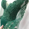 녹색 무도회 드레스 2022 탄성 인어 긴 드레스 여성 아플리케 레이스 형식 파티 가운 긴 슬리브 v 넥 에메랄드 저녁