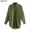 Zevity Women Fashion Pockets Patch Casual Loose Corduroy Blouse Office Lady Irregular Shirts Chic Chemise Blusas Tops LS7394 210603