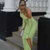 2021 Slim Green High Split Bodycon Maxi Klänning Vintage Party Vestidos Klänningar Av Skulder Långärmad Ribb Sticka Lång Klänning Kvinnor Y1006