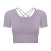 T-shirt feminino verão aberto Nael Lululem Women Yoga Tops com almofada de peito Bra oco de trás esportes de lazer ao ar livre 2023short