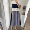 Korejpaa Women Dress Summer Korean Chic Casual All-Match Round Neck Contrast Color Striped Stitching Design Loose Vestidos 210526