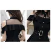 Kobiety 2021 Nowa Lato Single Breasted Style Styl Sukienka Sweet Black Turn-Down Collar Mini krótkie sukienki z pasem Vestidos 30A C0304