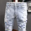 Męskie dżinsy amerykańskie styl uliczny moda retro jasnoniebieskie szczupły dopasowanie Raped Freading Patch Designer Hip Hop Denim Punk Punty