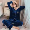 JULY'S SONG Woman Knitted Pajamas Set 2 Pieces Solid Color Velvet Lapel Long Sleeve Trouser Striped Casual Winter Sleepwear 210809