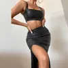 Vacation Outfits PU Leather Long Dress Set Women Sexy Sleveeless Tanks Crop Tops Bodycon Skirts Suits Party Club Two Piece Sets 220221