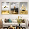 Golden Retro Seaside Scenery Poster Fish Boat Nordic Seascape Canvas Painting Wall Art Picture for Modern Home Interior Decor