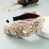 Elgant Korean Lace Flower Headband for Woman Vintage Crystal Beaded Top Knotted Wide Side Hairband Girls Party Hair Accessories