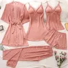 Wiosna 5 Sztuk Piżamy Zestawy Seksowny Damski Pasek Toksear Sleepwear Sleep Suit Casual Satin Lace Drukuj Pijamas Intymate Bielizna 210928