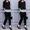 Black Two Piece Set Women Striped Splicing Long Sleeve Tops And Harem Pants Sets Casual Office Korean Ladies Suits Sale 211105