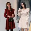 Elegant Lantern Sleeve A-line Knitted Dress Temperament Ruffles Neck High Quality Sweater Women Autumn Winter 210529