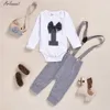 Arloneet Kläder Boys Baby Svart / Grå Gentleman Bow Slips Romper Toppar + Suspender Byxor Byxor Kläder Set Kids 2PC Outfits 210309