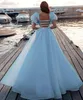 Ljus himmel blå elegant blygsam kväll ha på sig dräning dubai arabiska strapless paljetter backless formell klänning prom klänningar kändis robe de soiree