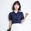 韓国のファッションの夏のシフォンの女性のシャツの白い半袖ブラウスレディースプラスサイズXXLネイビーSトップスと210531