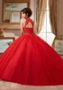 Женское бальное платье красный аппликационный кружевной кружева QuinceAnera платья настоящий рис прозрачный вырез сладости 16 шариковых платьев тюль плюс размер Prom Party