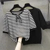 L-4XL plus size women Summer thin kintted pullover short sleeve o neck bow Stripe Oversized sweater female t-shirt top 210604